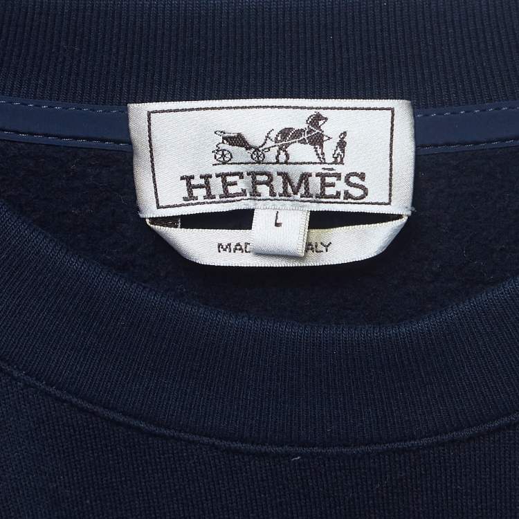 Pre Owned Hermes Navy Blue Cotton Knit Nylon Patch Detail Sweatshirt L