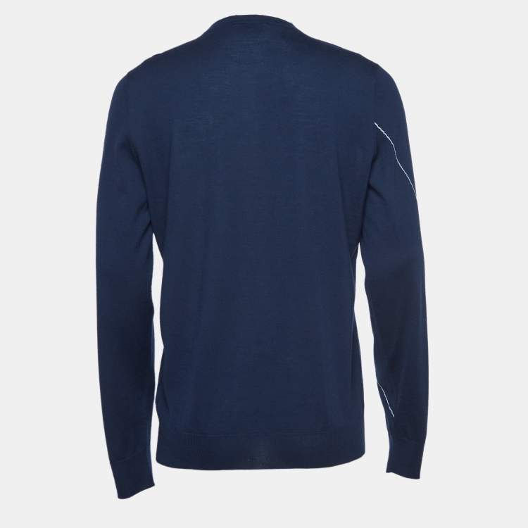 Pre Owned Hermes Navy Blue Patterned Cashmere and Wool Sweater L