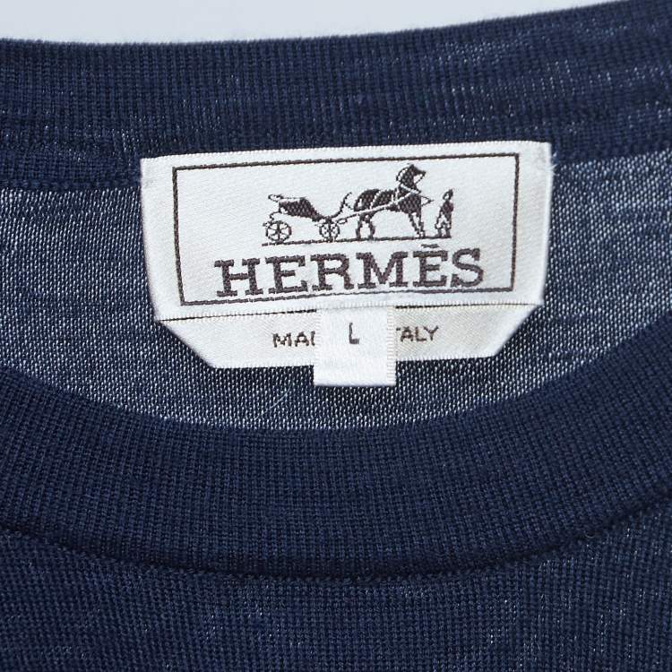 Pre Owned Hermes Navy Blue Patterned Cashmere and Wool Sweater L
