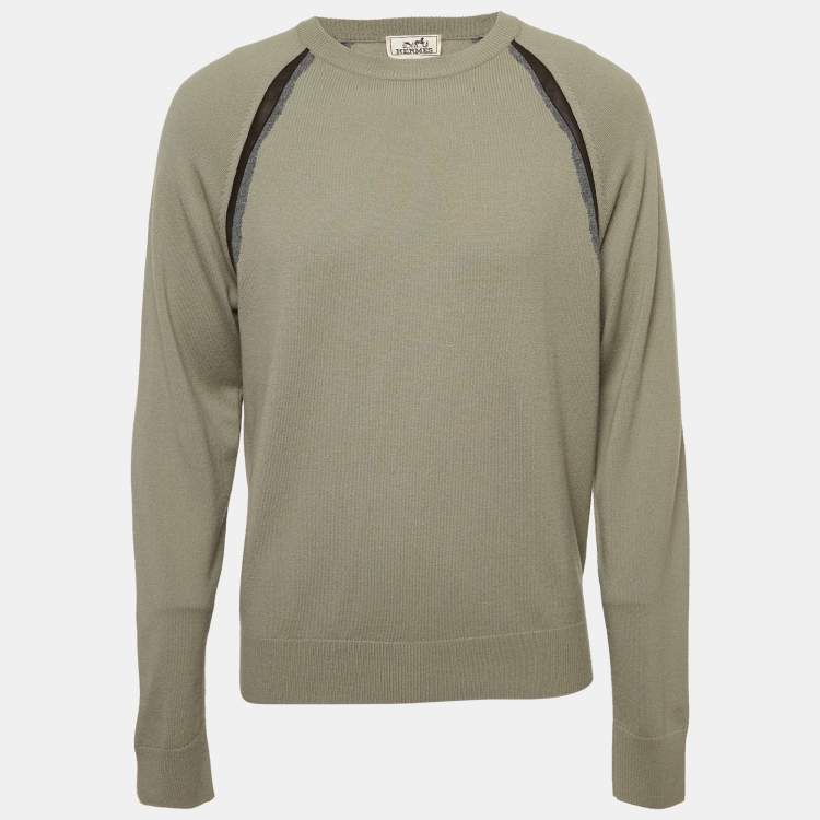 Pre Owned Hermes Grey Wool Ondes Cuir Crewneck Sweater L