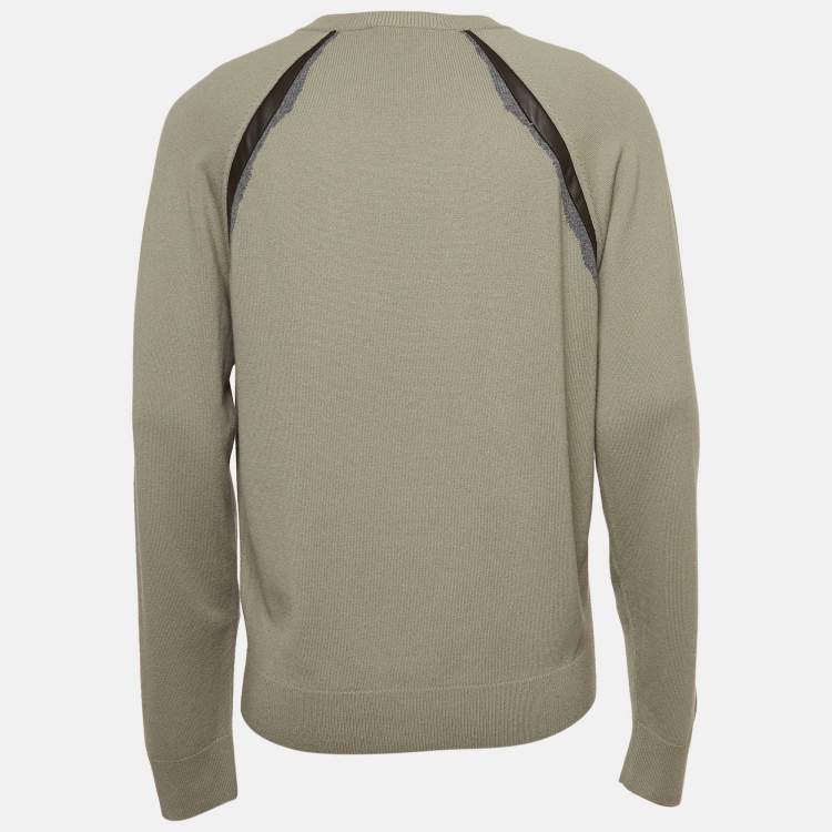 Pre Owned Hermes Grey Wool Ondes Cuir Crewneck Sweater L