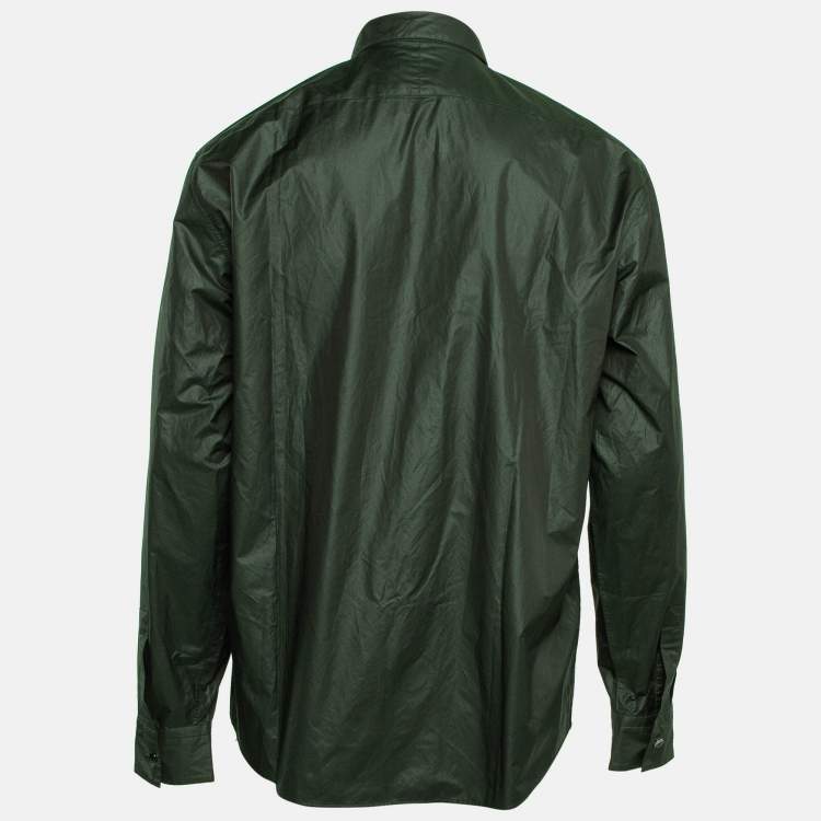 Pre Owned Hermes Green Technical Poplin Zip Front Shirt XL