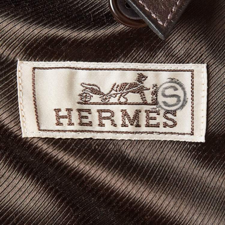 Pre Owned Hermes Dark Brown Leather Double Breasted Long Jacket XL