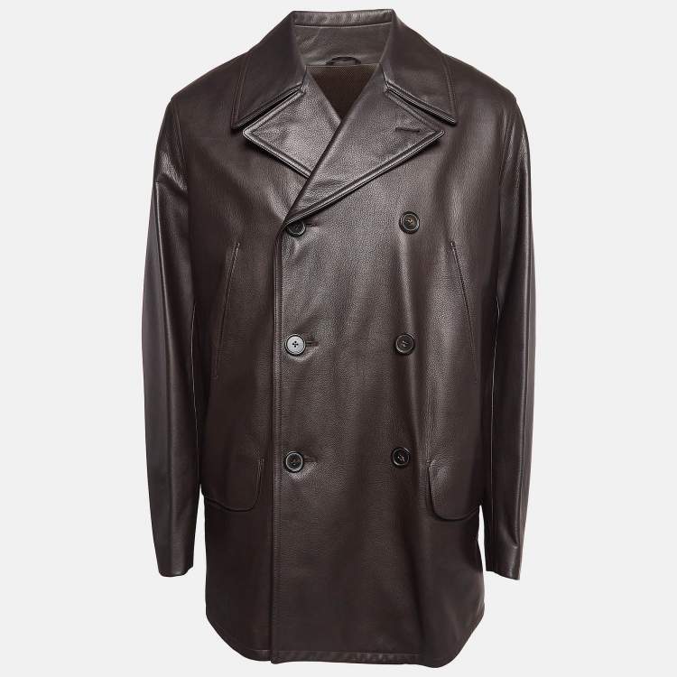 Pre Owned Hermes Dark Brown Leather Double Breasted Long Jacket XL