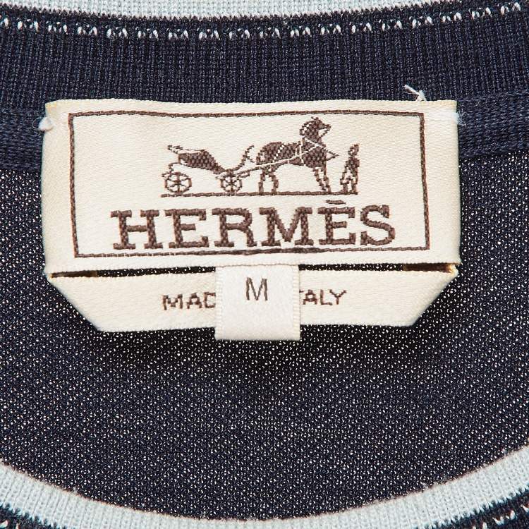 Pre Owned Hermes Navy Blue Cotton Pique Knit Half Sleeve T-Shirt M