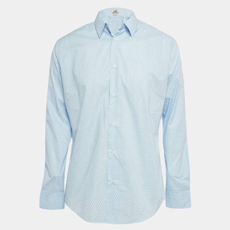 Pre Owned Hermes Blue Printed Cotton Long Sleeve Shirt L