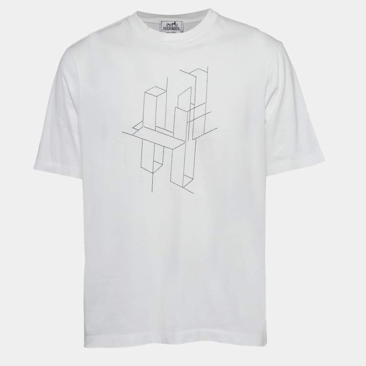 Pre Owned Hermes White  Embroidered Cotton Crew Neck T-Shirt L