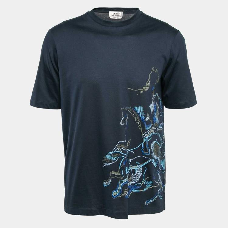 Pre Owned Hermes Navy Blue Printed Cotton Jersey T-Shirt S