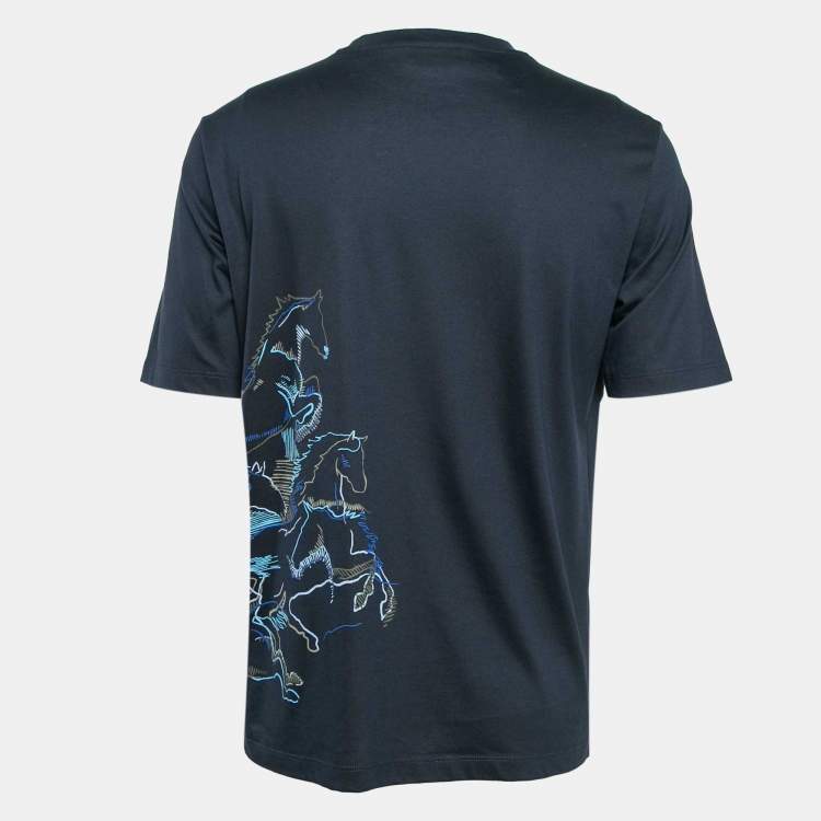 Pre Owned Hermes Navy Blue Printed Cotton Jersey T-Shirt S