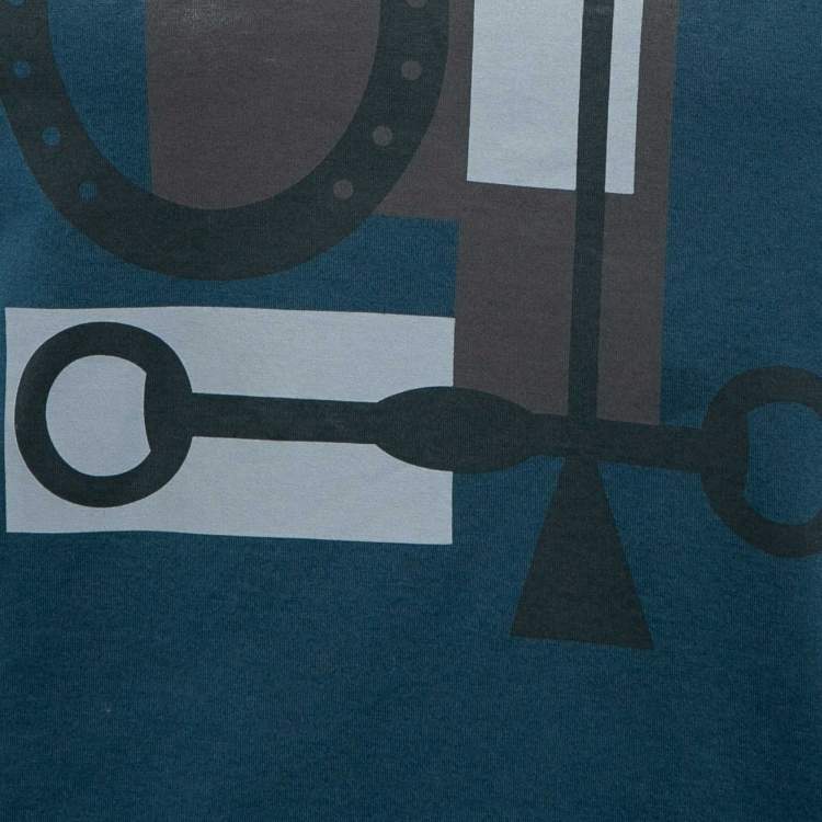 Pre Owned Hermes Blue Horseshoe Print Jersey Crew Neck T-Shirt XS