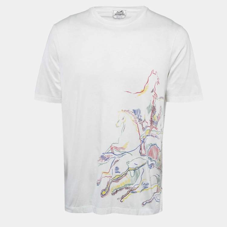 Pre Owned Hermes White Cavalcade Print Cotton Crew Neck T-Shirt M