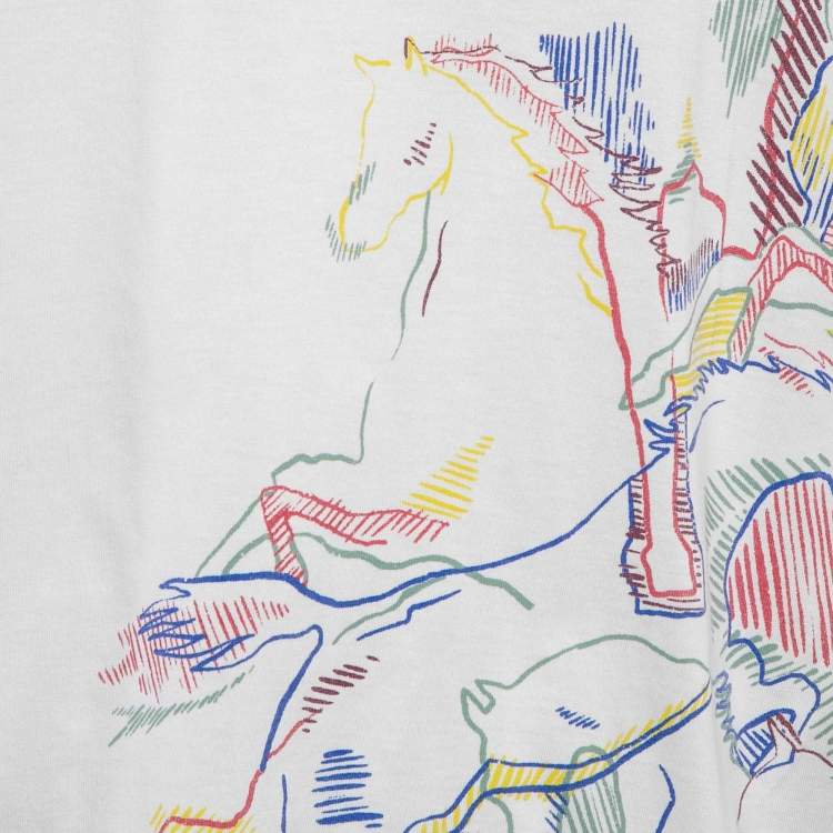 Pre Owned Hermes White Cavalcade Print Cotton Crew Neck T-Shirt M