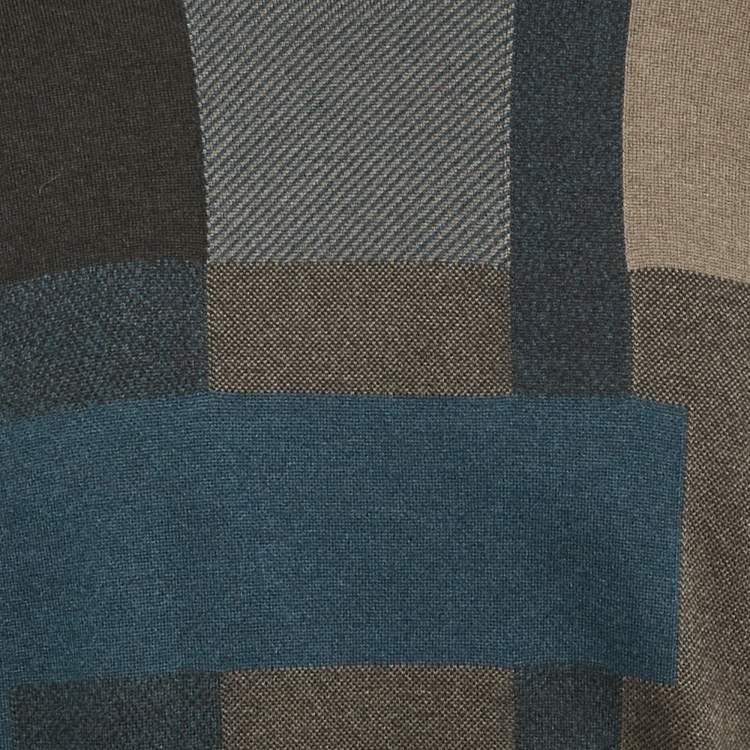 Pre Owned Hermes Blue Checks Cashmere Knit Crew Neck T-Shirt L