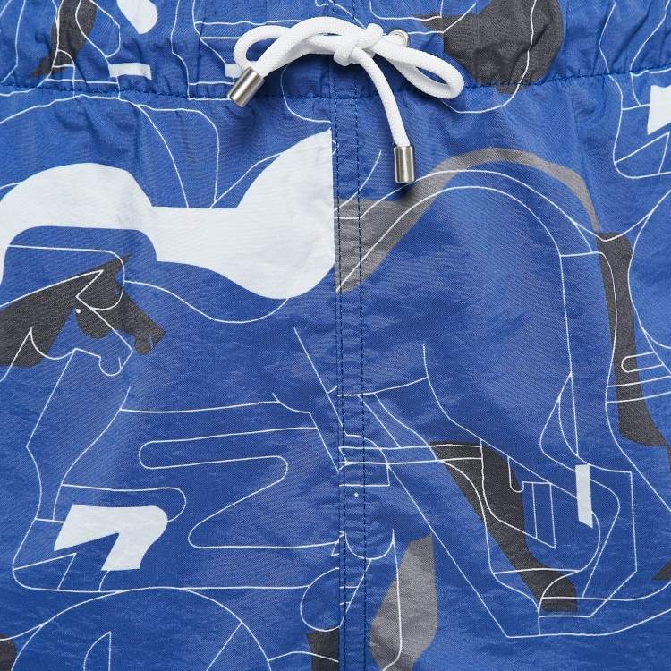 Pre Owned Hermes Blue Printed Nylon Swim Shorts XS