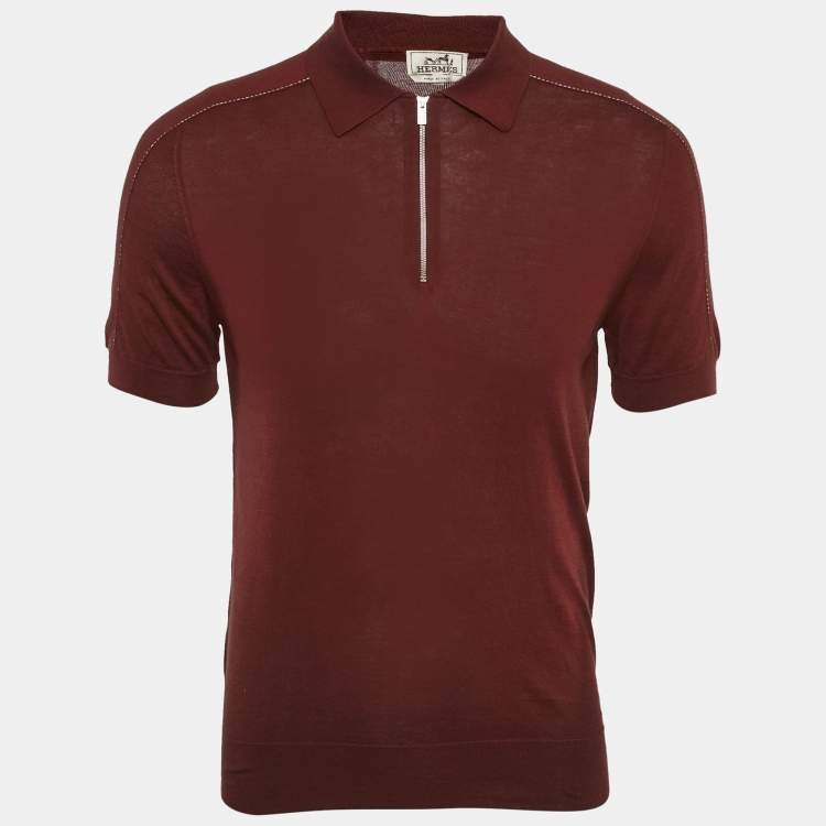 Pre Owned Hermes Dark Red Cotton Zip-Detail Polo T-Shirt M