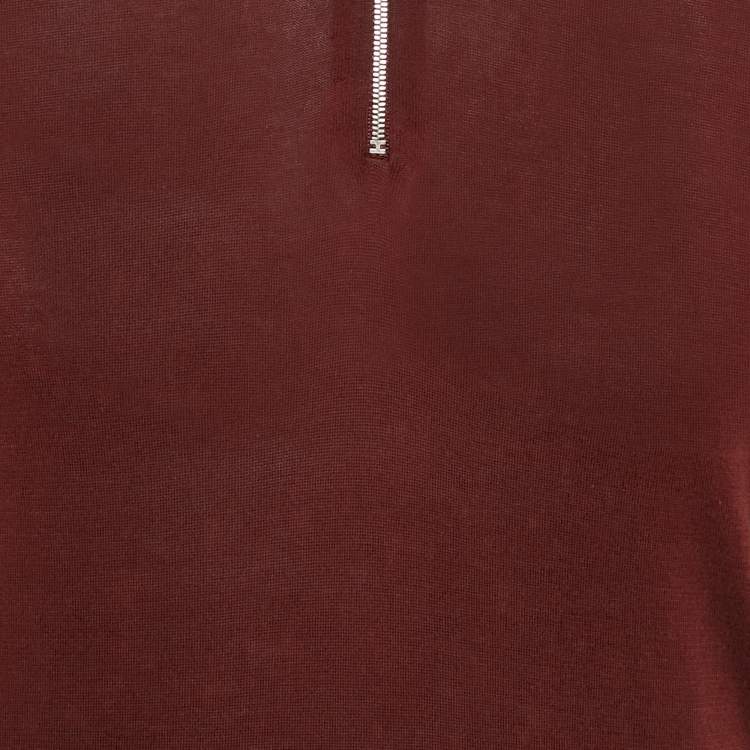 Pre Owned Hermes Dark Red Cotton Zip-Detail Polo T-Shirt M