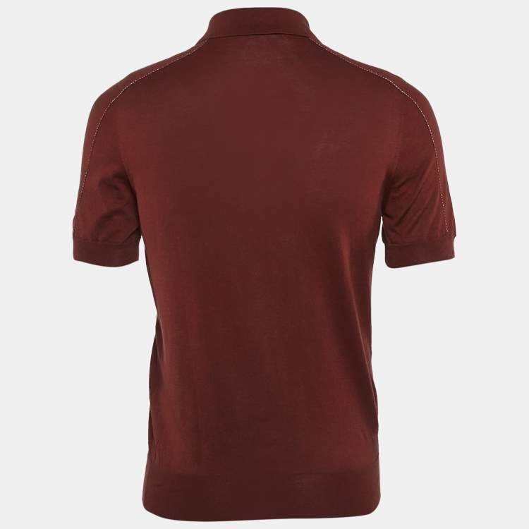 Pre Owned Hermes Dark Red Cotton Zip-Detail Polo T-Shirt M