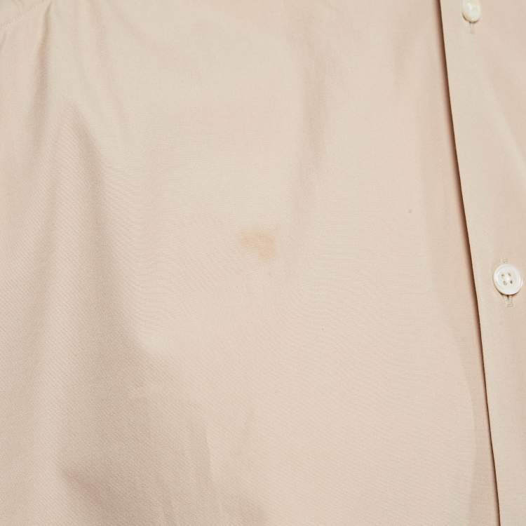 Pre Owned Hermes Beige Cotton Button Front Leather Trimmed Shirt M