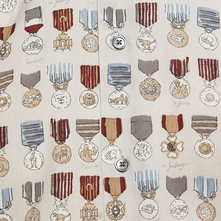 Pre Owned Hermes Grey/Multicolor Medal Print Button Front Shirt M