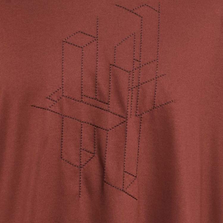 Pre Owned Hermes Brown Geometric Embroidered Jersey T-Shirt L
