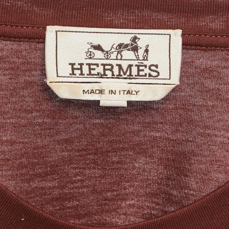 Pre Owned Hermes Brown Geometric Embroidered Jersey T-Shirt L