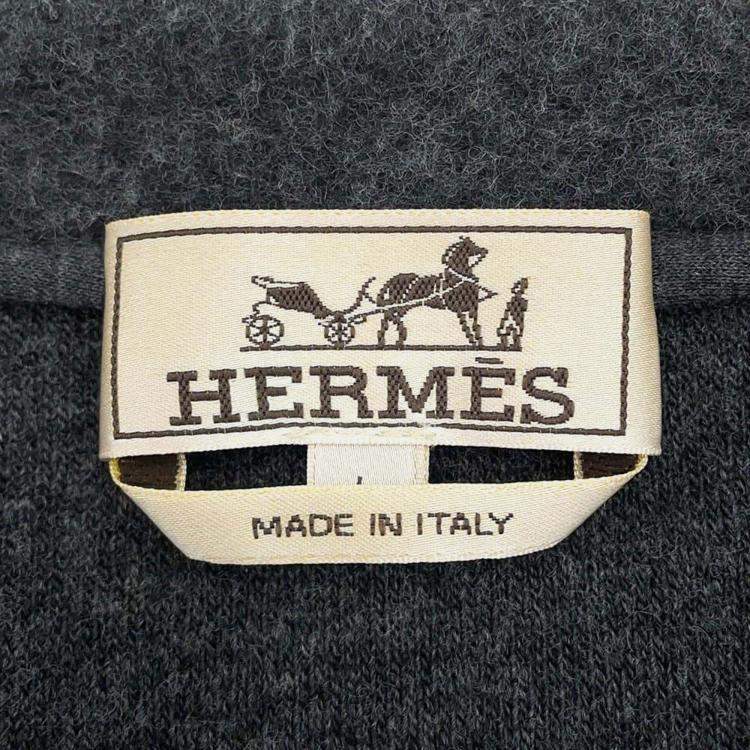 Pre Owned Hermes Gris Fonce Wool Cashmere Leather Detail Zip-Up Cardigan Men's Size L