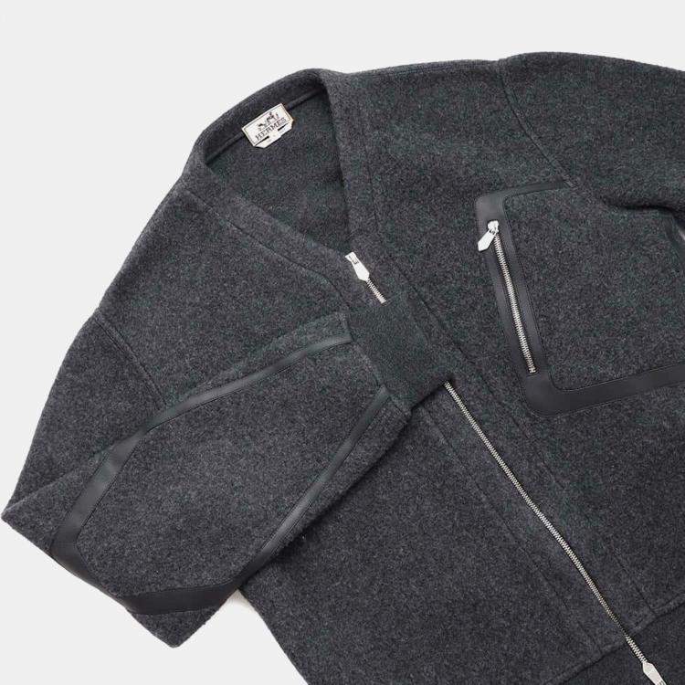 Pre Owned Hermes Gris Fonce Wool Cashmere Leather Detail Zip-Up Cardigan Men's Size L