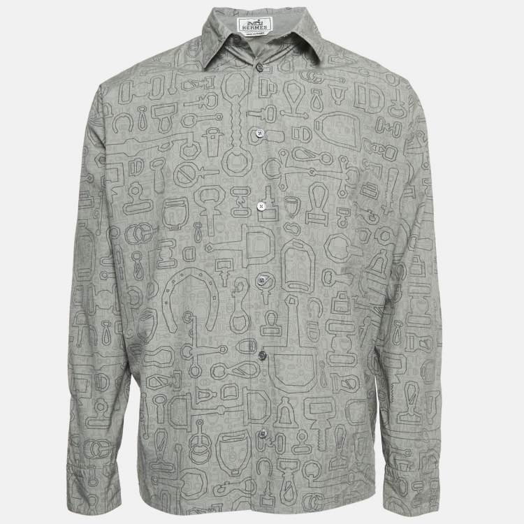 Pre Owned Hermes Grey Printed Cotton Button Front Long Sleeve Shirt M