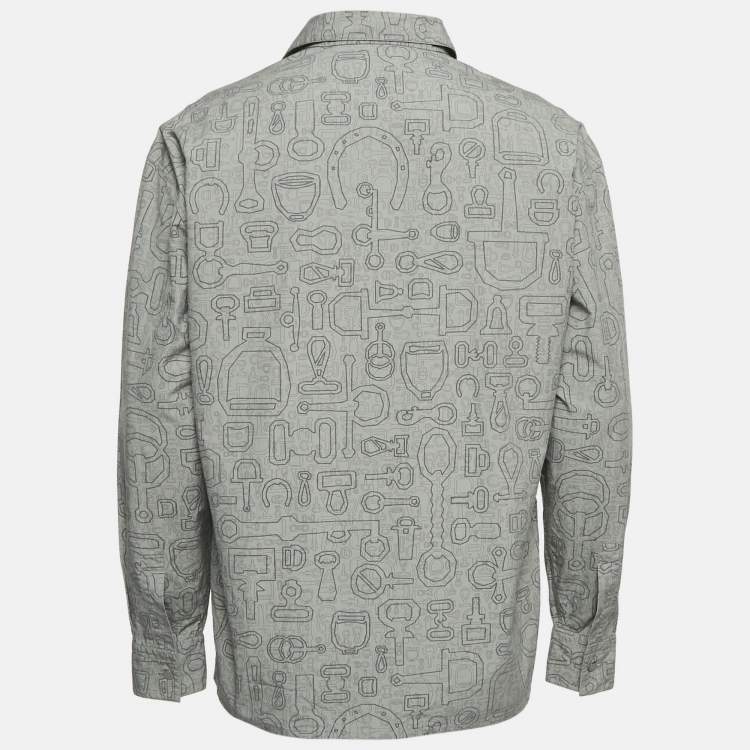 Pre Owned Hermes Grey Printed Cotton Button Front Long Sleeve Shirt M