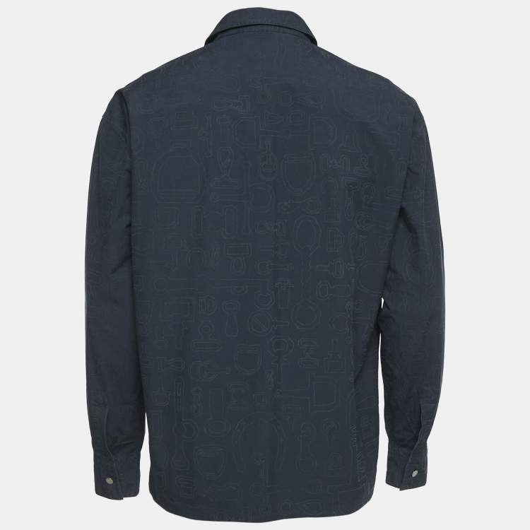 Pre Owned Hermès Blue Printed Cotton Button Front Long Sleeve Shirt M