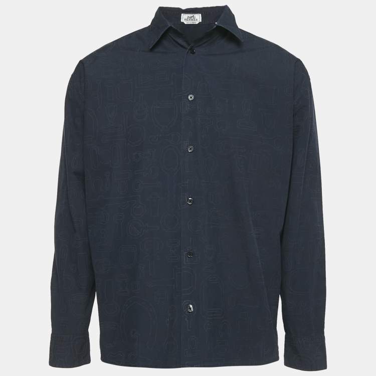 Pre Owned Hermès Blue Printed Cotton Button Front Long Sleeve Shirt M