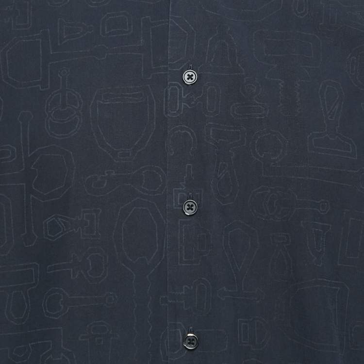 Pre Owned Hermès Blue Printed Cotton Button Front Long Sleeve Shirt M