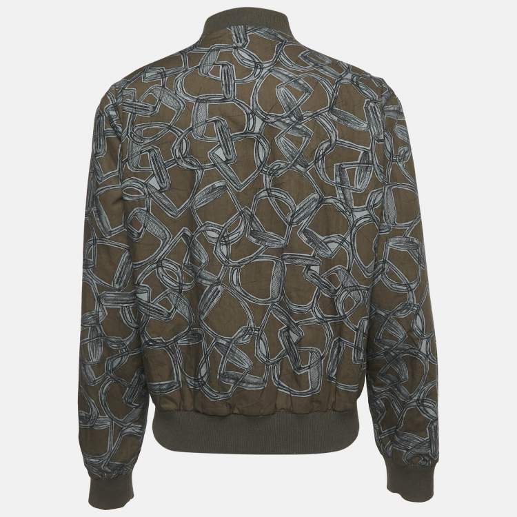 Pre Owned Hermes Blue Cotton and Nylon Printed Reversible Zip-Up Bomber Jacket XL