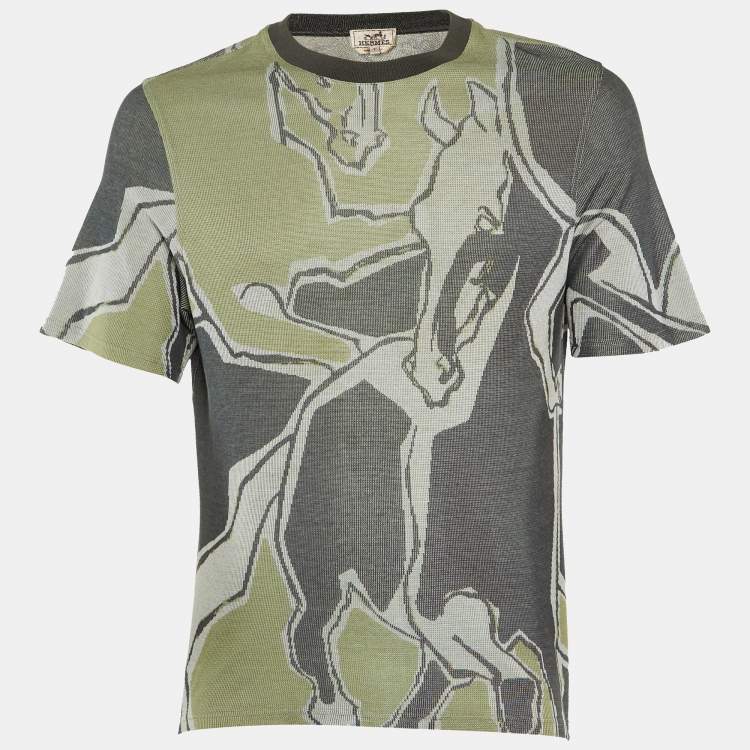 Pre Owned Hermès Green/Grey Horse Print Cotton Crew Neck T-Shirt S
