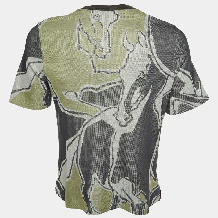 Pre Owned Hermès Green/Grey Horse Print Cotton Crew Neck T-Shirt S