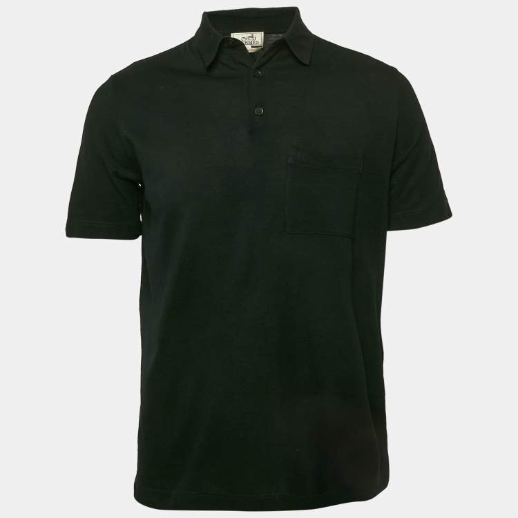 Pre Owned Hermes Black Cotton Logo Pocket Detail Polo T-Shirt M