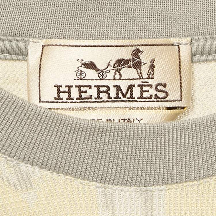 Pre Owned Hermes Grey Intarsia Knit Round Neck Short Sleeve L
