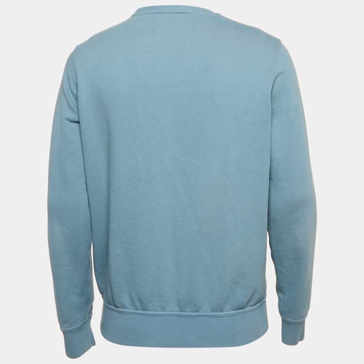 Pre Owned Hermes Blue Leather Trim Cotton Knit Crew Neck Sweatshirt M