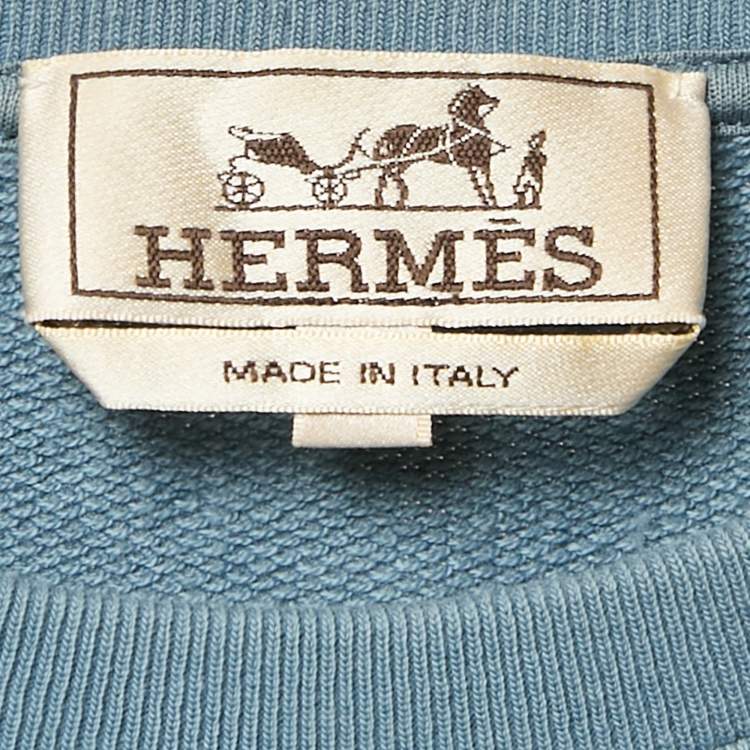 Pre Owned Hermes Blue Leather Trim Cotton Knit Crew Neck Sweatshirt M