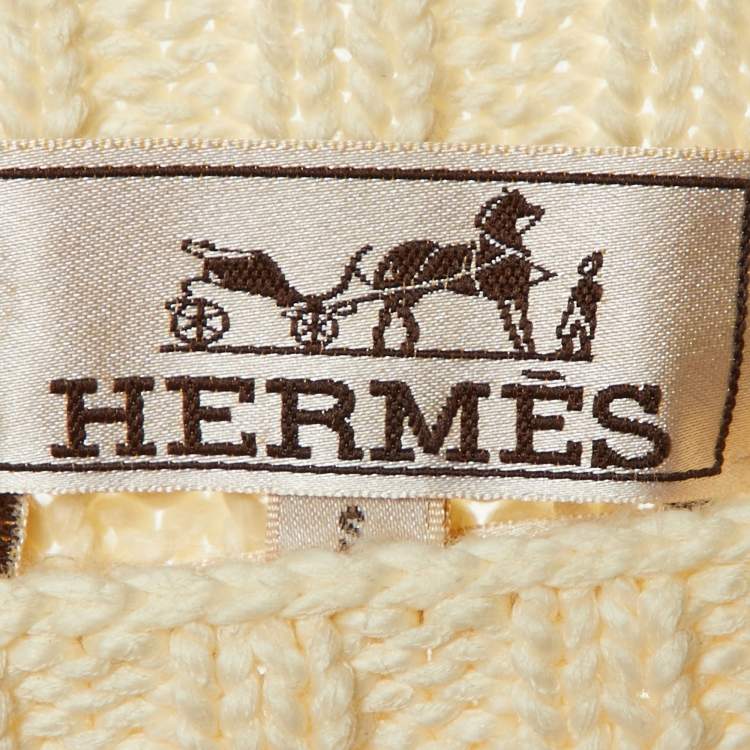 Pre Owned Hermes Cream Cotton Cable Knit Leather Braided Pull Over S
