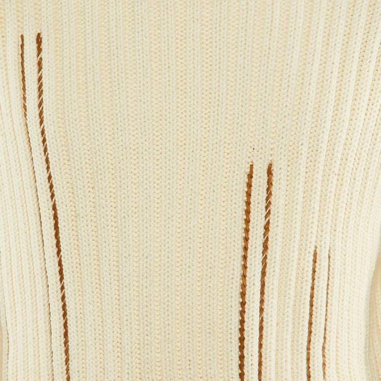 Pre Owned Hermes Cream Cotton Cable Knit Leather Braided Pull Over S