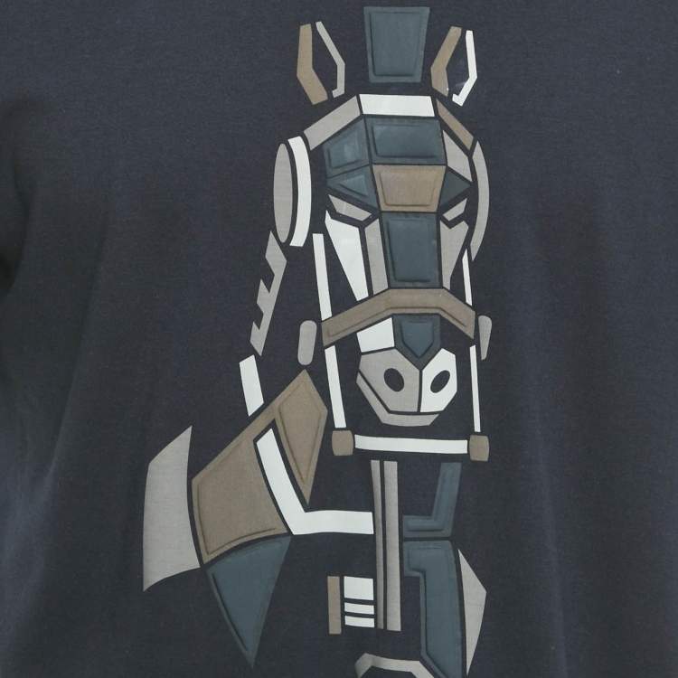 Pre Owned Hermès Navy Blue Horse Print Cotton Crew Neck T-Shirt L