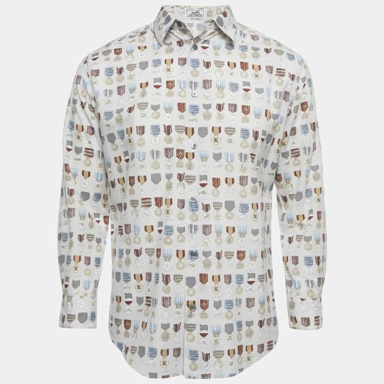 Pre Owned Hermes Grey Medal Print Cotton Shirt M