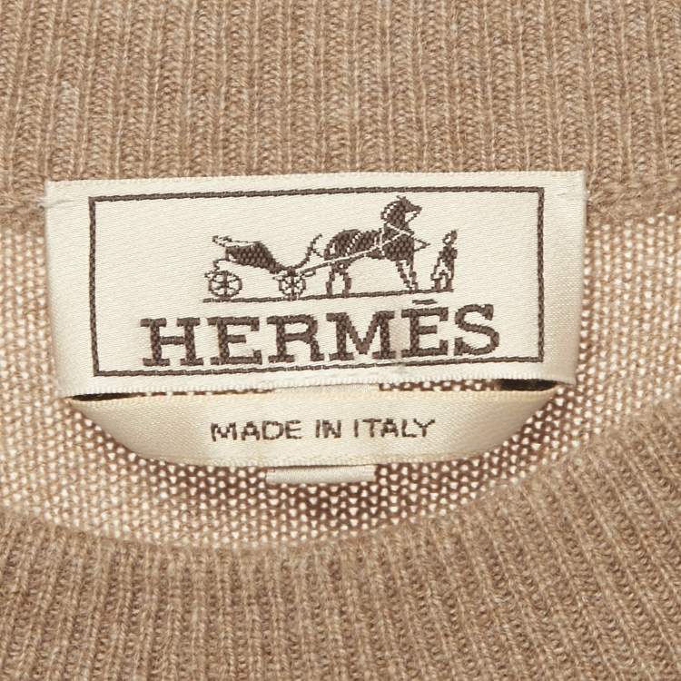 Pre Owned Hermes Brown Leather Trim Cashmere Knit Sweater XL