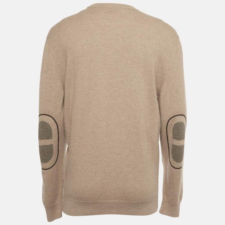 Pre Owned Hermes Brown Leather Trim Cashmere Knit Sweater XL
