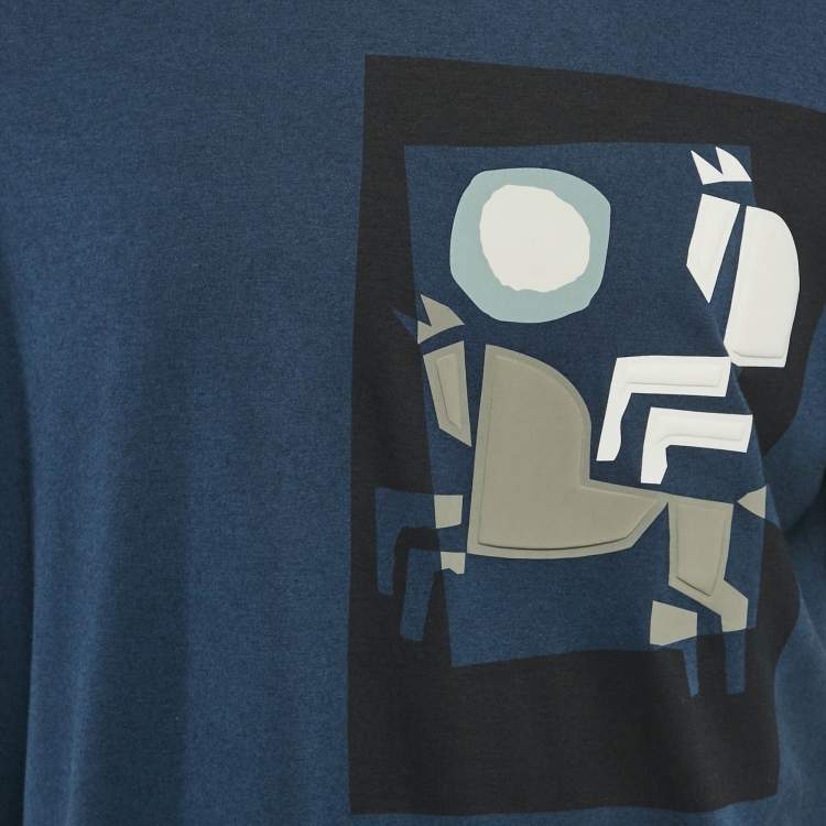 Pre Owned Hermes Teal Blue Printed Crew Neck T-Shirt L