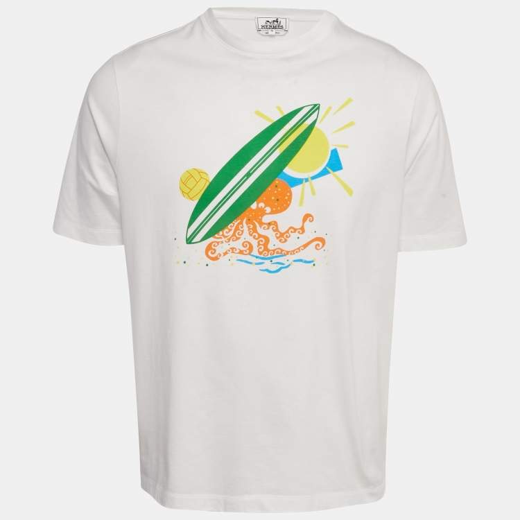 Pre Owned Hermes White Surfboard Beach Print Cotton Poulpwatch T-Shirt M