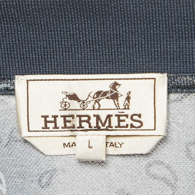 Pre Owned Hermes Blue Printed Cotton Pique Polo T-Shirt L