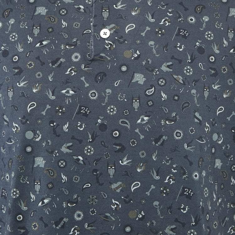 Pre Owned Hermes Blue Printed Cotton Pique Polo T-Shirt L