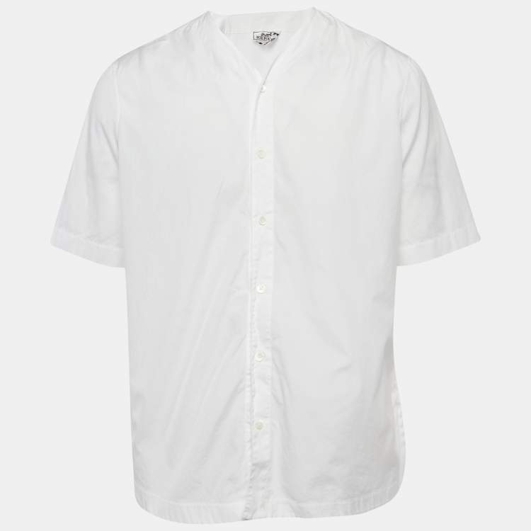 Pre Owned Hermes White Cotton Collarless Shirt L